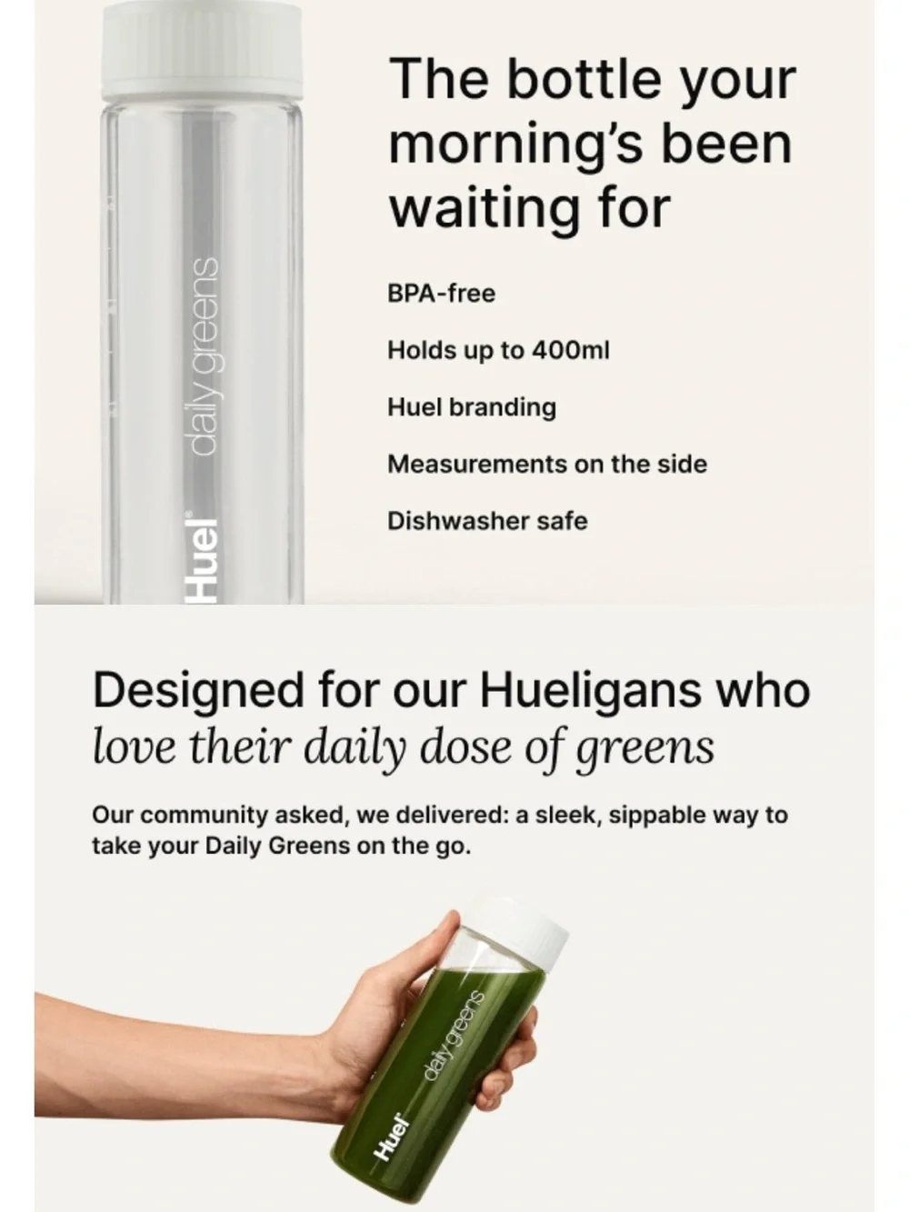 2 Huel Daily Greens Bottles BPA Free Clear with White Lid Dishwasher Safe 13.5oz